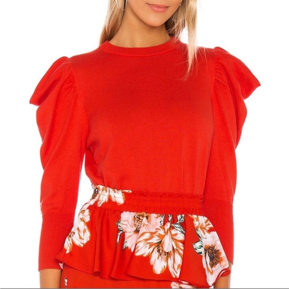 MISA Guthrie Puff Long Sleeve Sweater Red Cotton Blend Lightweight Pullover Sz S
